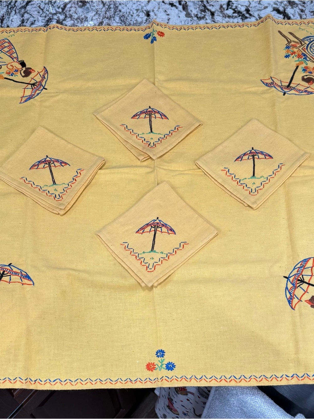 Hand Embroidered Umbrella Tablecloth with matching embroidered Napkins